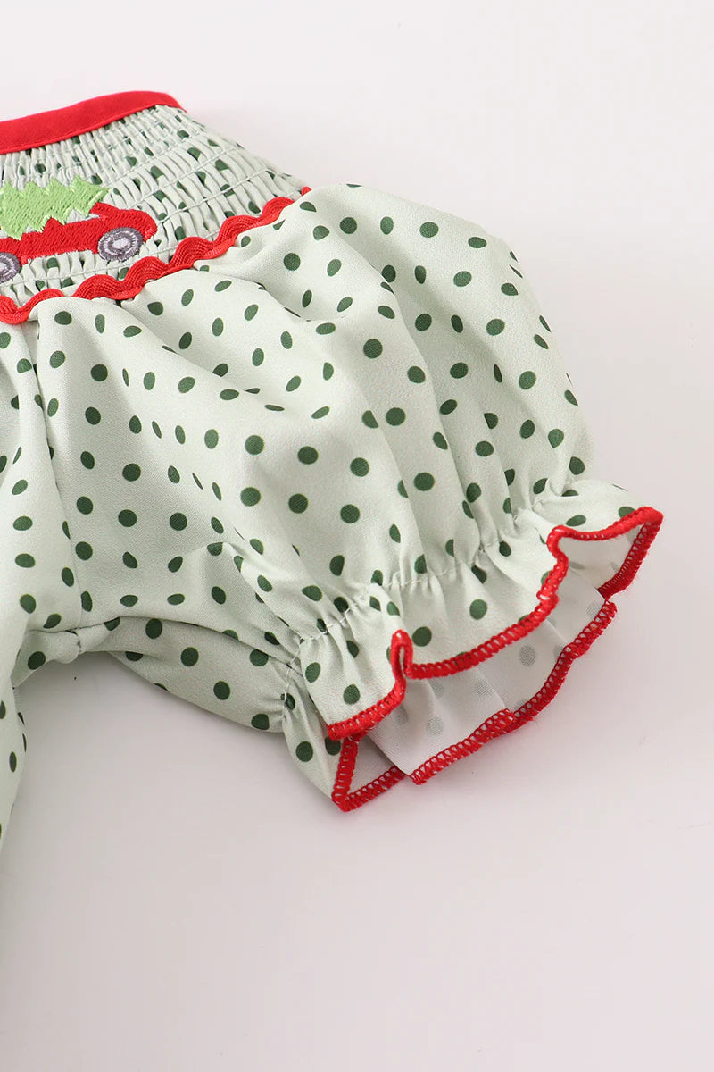 Green Christmas Tree Car Smocked Romper