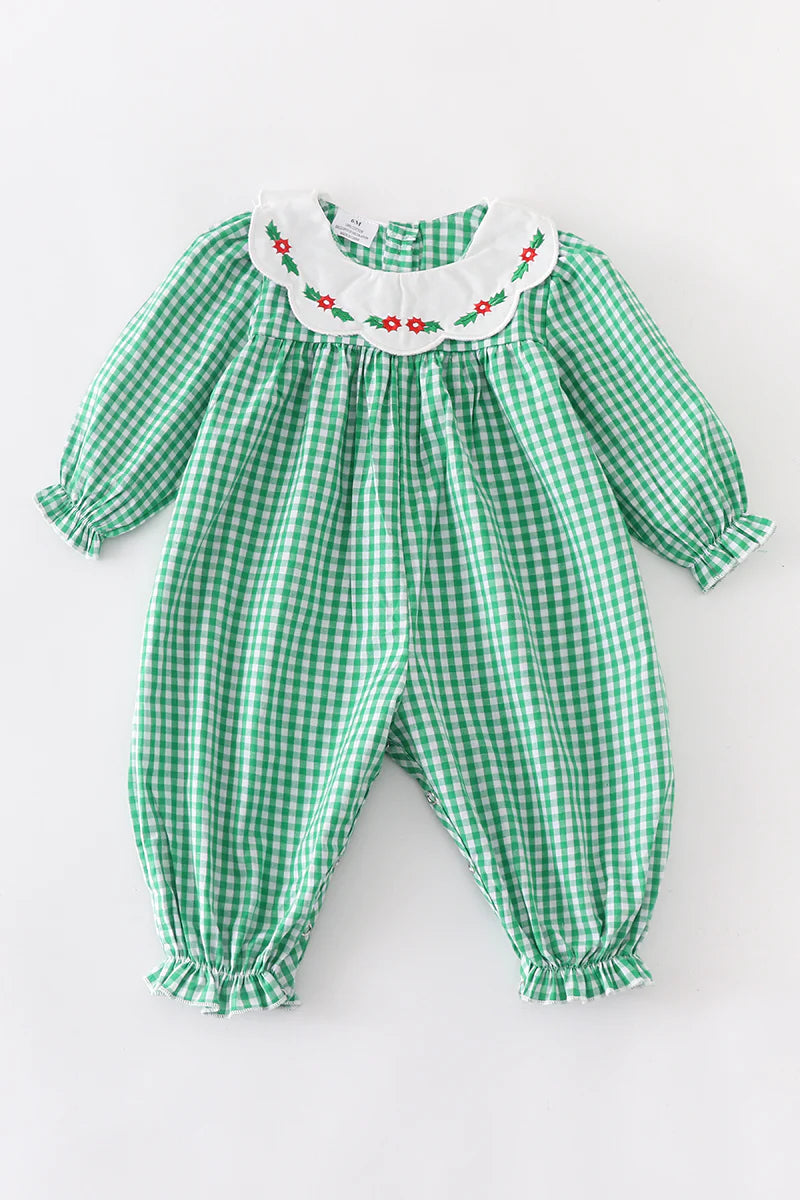 Green Plaid Floral Applique Baby Romper