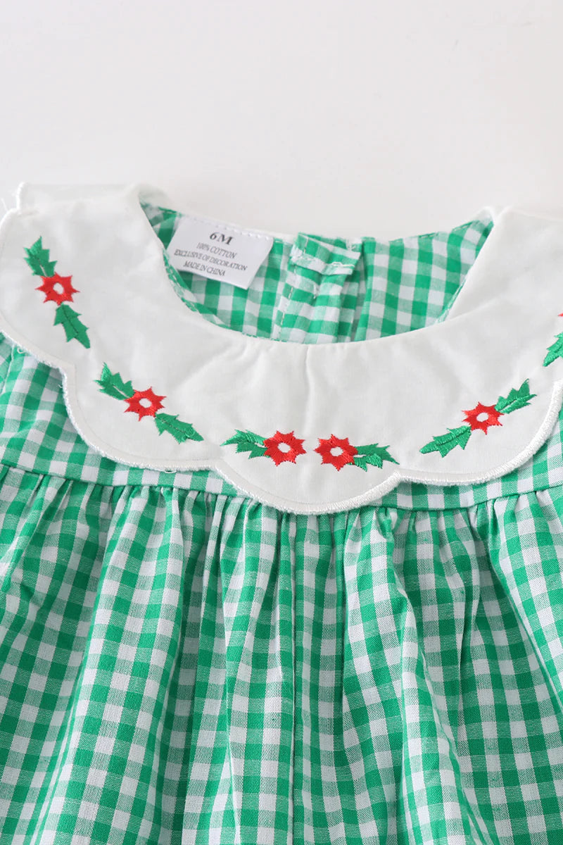 Green Plaid Floral Applique Baby Romper