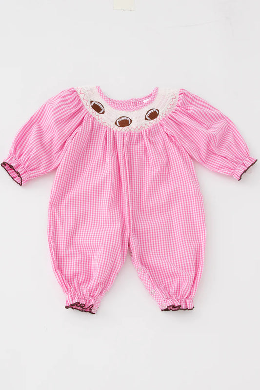 Pink Plaid Football Smocked Baby Romper