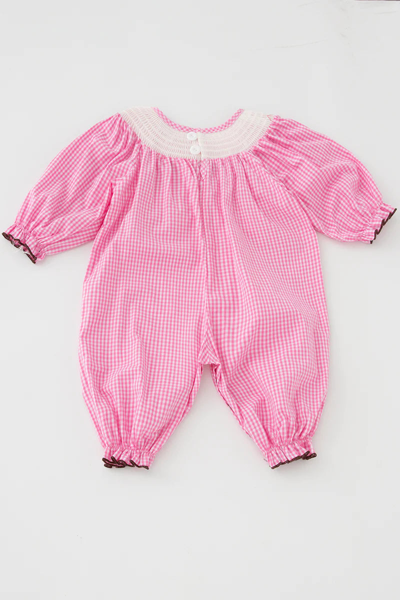 Pink Plaid Football Smocked Baby Romper