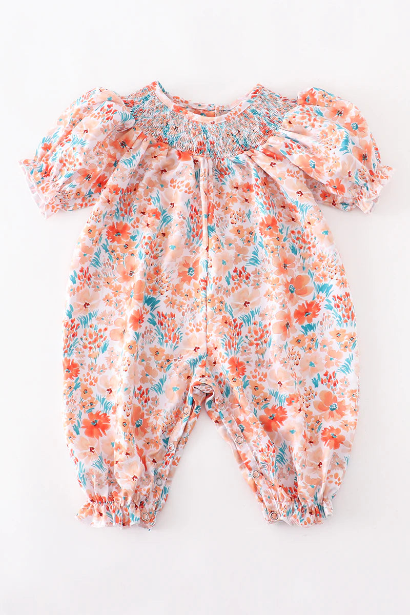 Orange Floral Smocked Ruffle Baby Romper