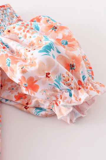 Orange Floral Smocked Ruffle Baby Romper