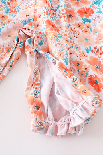 Orange Floral Smocked Ruffle Baby Romper