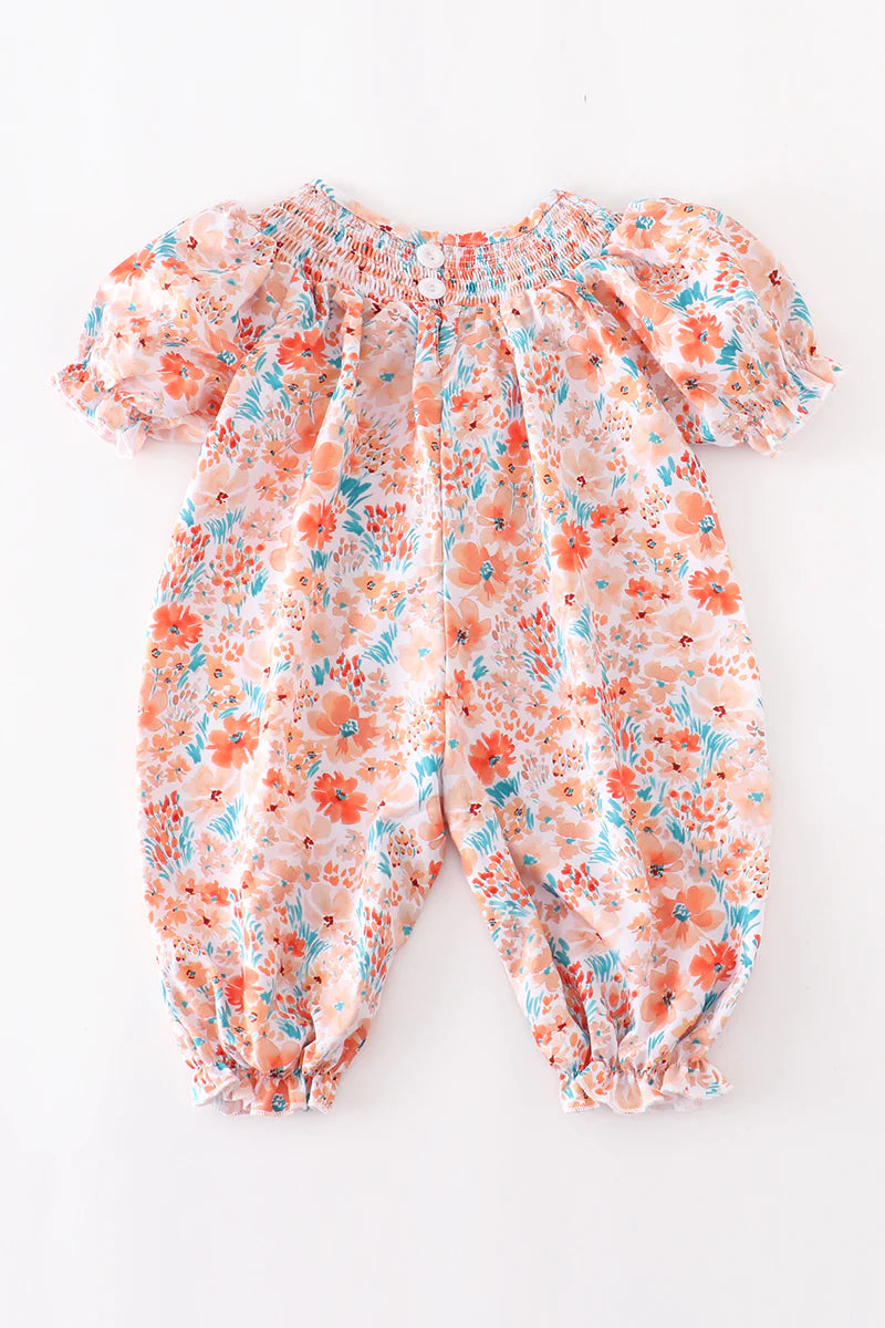 Orange Floral Smocked Ruffle Baby Romper