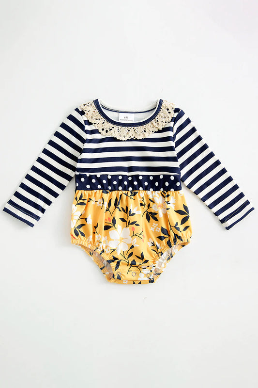 Striped Mustard Floral Ruffle Baby Romper