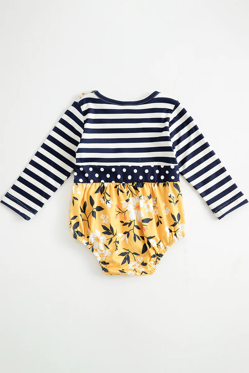 Striped Mustard Floral Ruffle Baby Romper