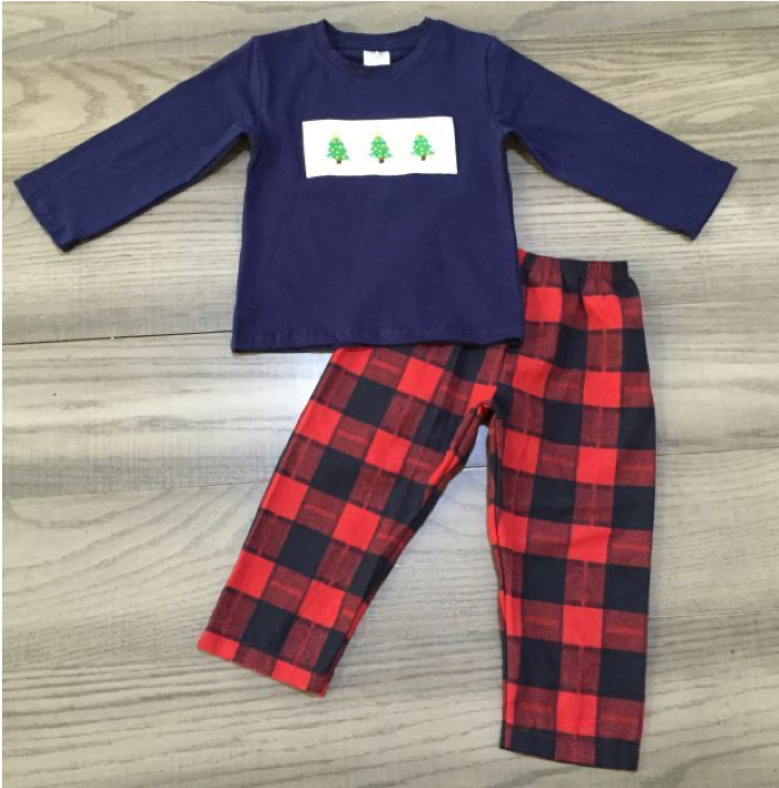 Red Plaid Christmas Tree Boys Pants Set