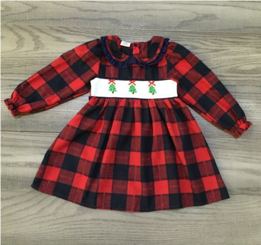 Red Plaid Christmas Tree Smocked Dress