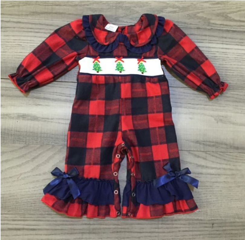 Red Plaid Christmas Tree Girl Romper