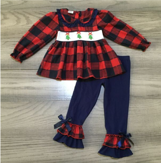 Red Plaid Christmas Tree Girls Pants Set