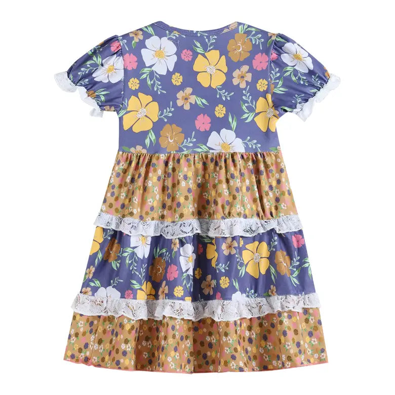 Blue and Brown Floral Tiered Ruffle Dress