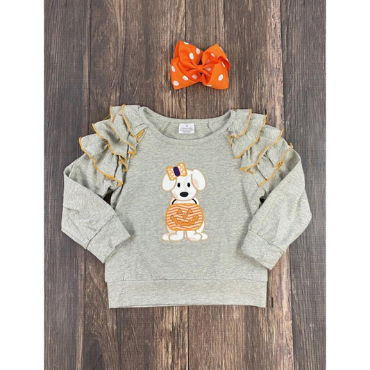 Halloween Grey Dog Pumpkin Ruffle Shirt